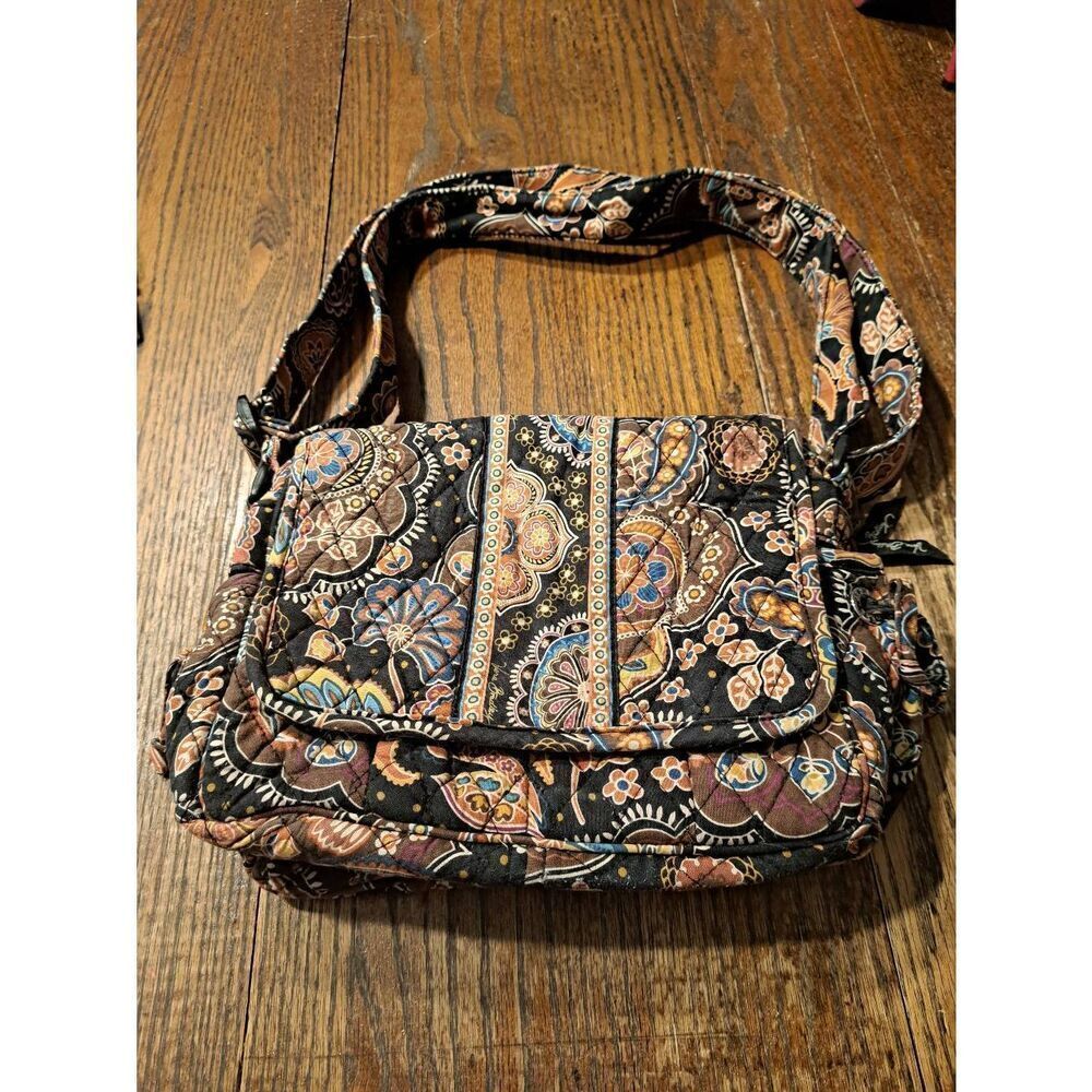 Vera Bradley Quilted Floral Bag Brown Blue Cream Tan Adjustable Strap Purse